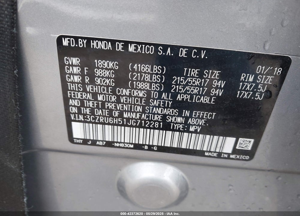 2018 HONDA HR-V EX VIN: 3CZRU6H51JG712281