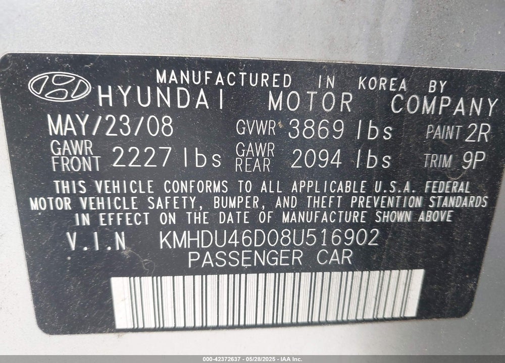 2008 HYUNDAI ELANTRA VIN: KMHDU46D08U516902