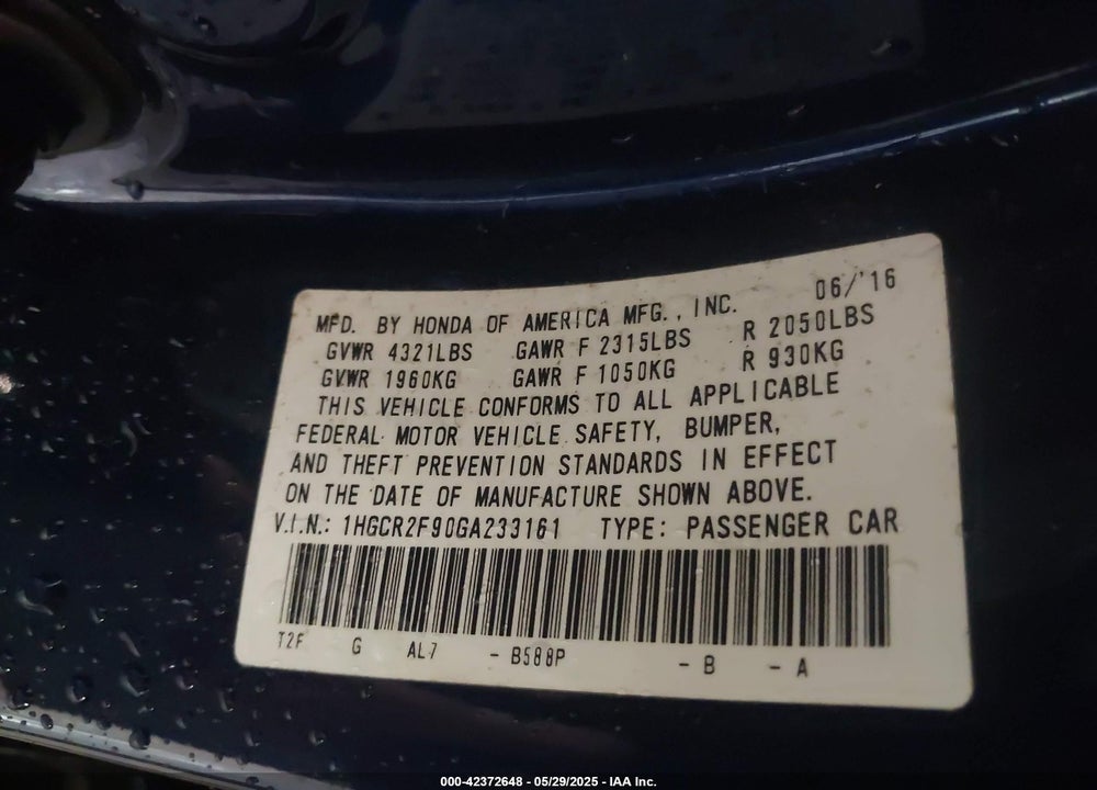 2016 HONDA ACCORD VIN: 1HGCR2F90GA233161