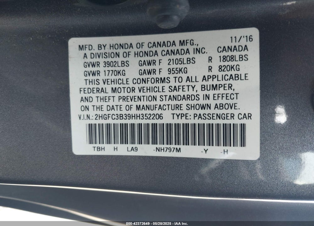 2017 HONDA CIVIC VIN: 2HGFC3B39HH352206
