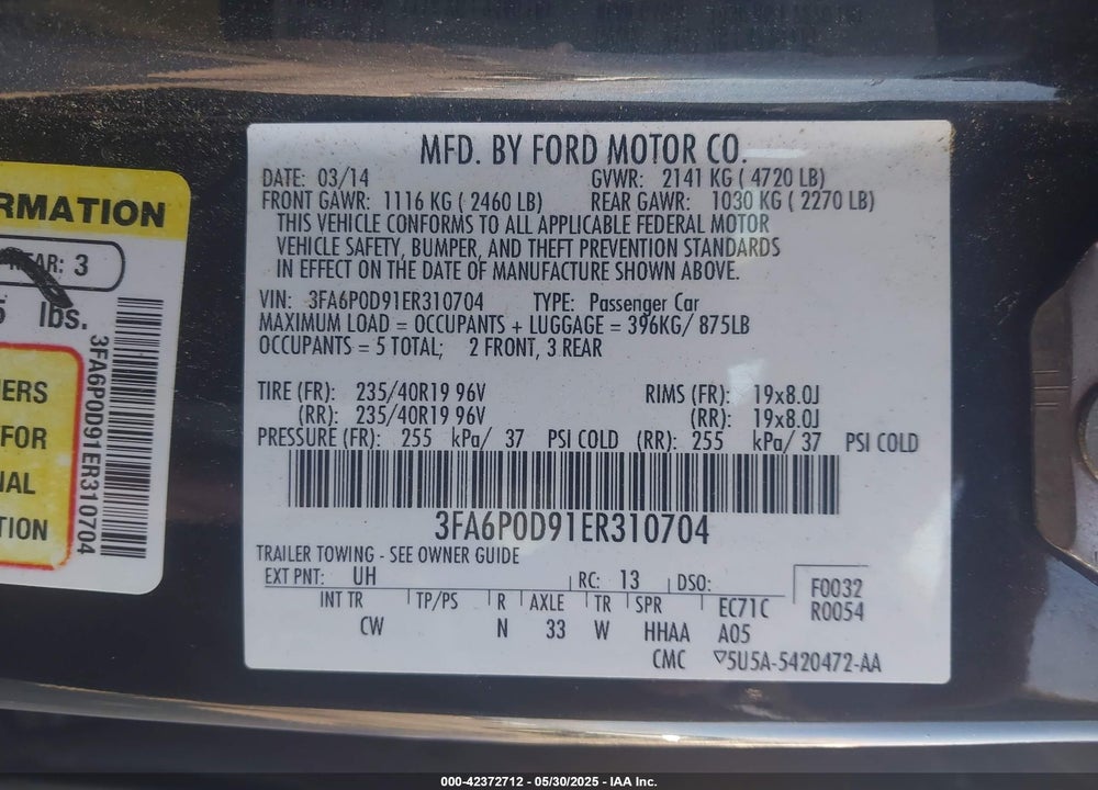 2014 FORD FUSION TITANIUM VIN: 3FA6P0D91ER310704