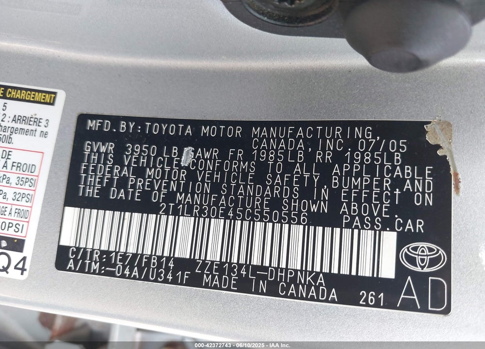 2005 TOYOTA COROLLA MATRIX XR VIN: 2T1LR30E45C550556