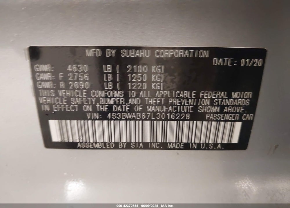2020 SUBARU LEGACY VIN: 4S3BWAB67L3016228