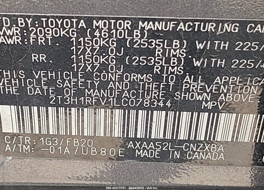 2020 TOYOTA RAV4 VIN: 2T3H1RFV1LC078344