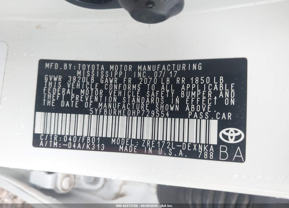 2017 TOYOTA COROLLA VIN: 5YFBURHE0HP729554