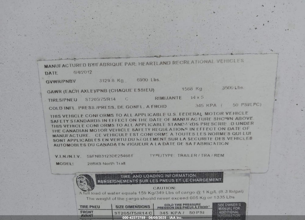 2013 HEARTLAND NORTH TRAIL 28BRS VIN: 5SFNB3123DE254681