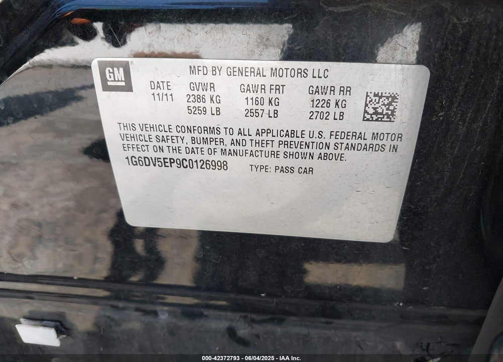 2012 CADILLAC CTS-V VIN: 1G6DV5EP9C0126998