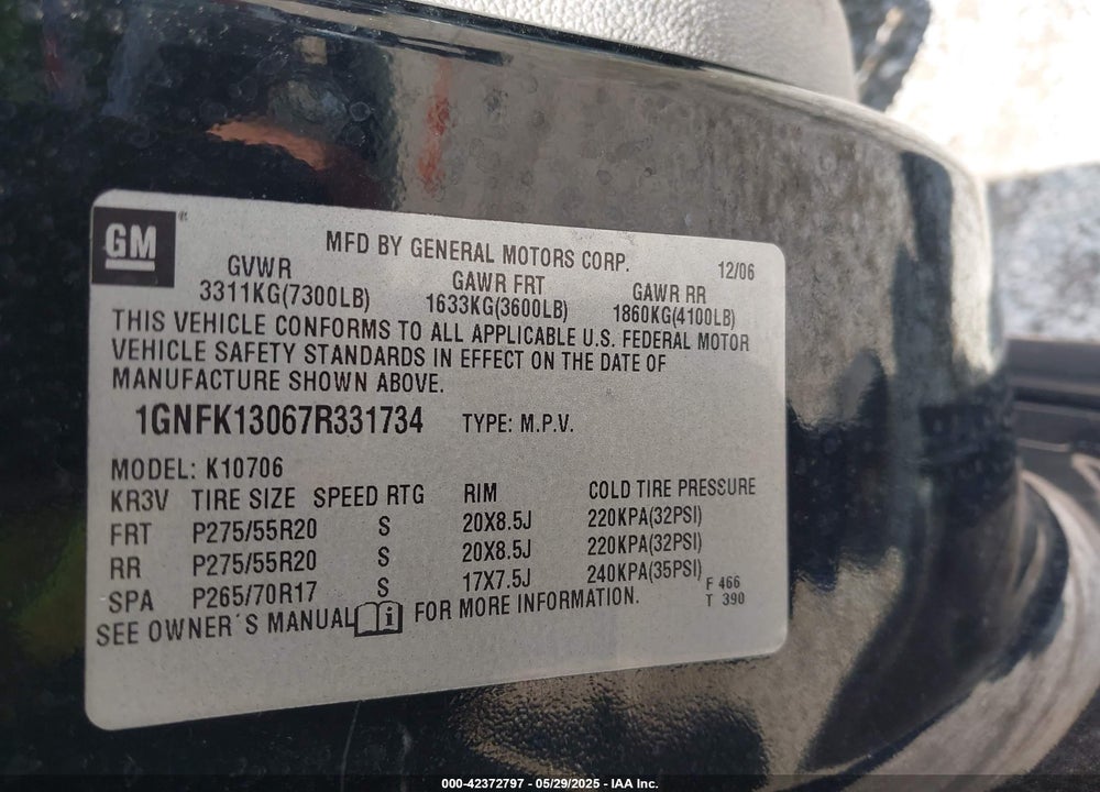 2007 CHEVROLET TAHOE LTZ VIN: 1GNFK13067R331734