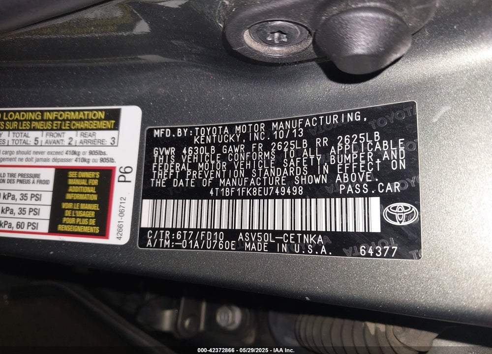 2014 TOYOTA CAMRY LE VIN: 4T1BF1FK8EU749498