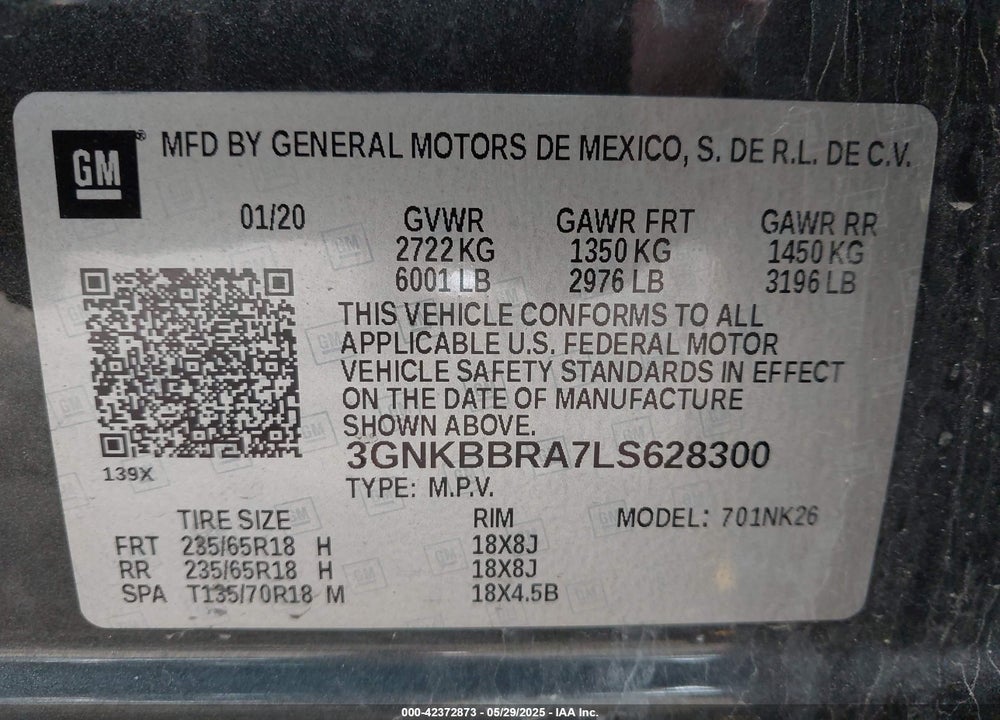 2020 CHEVROLET BLAZER VIN: 3GNKBBRA7LS628300
