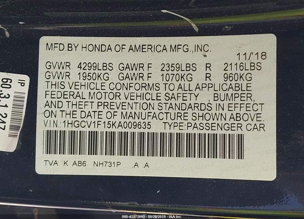 2019 HONDA ACCORD VIN: 1HGCV1F15KA009635