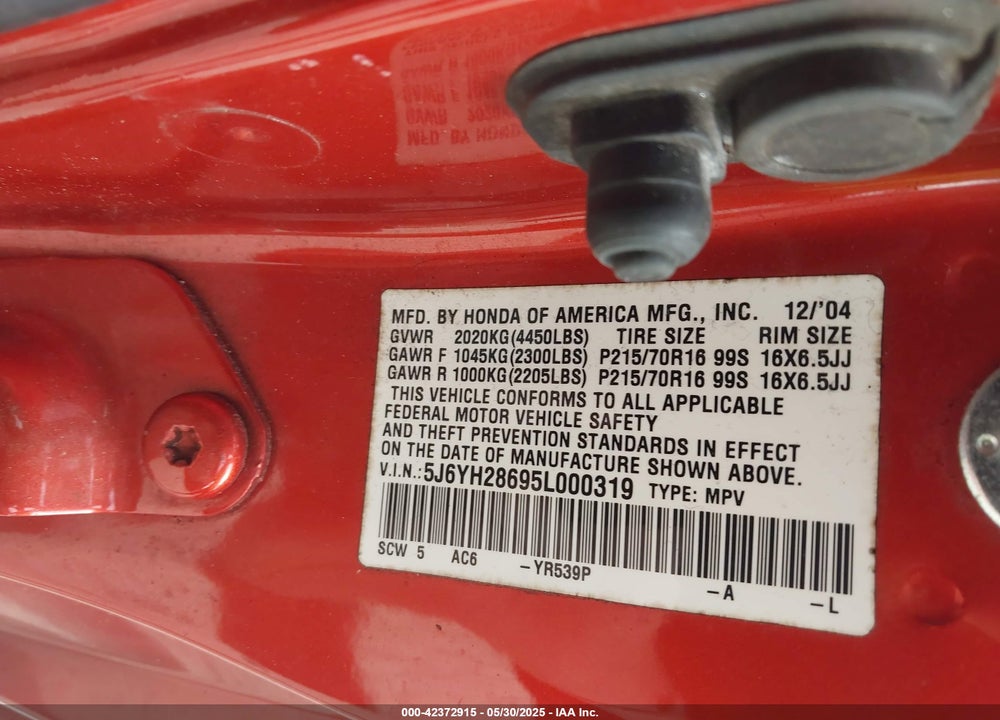 2005 HONDA ELEMENT EX VIN: 5J6YH28695L000319