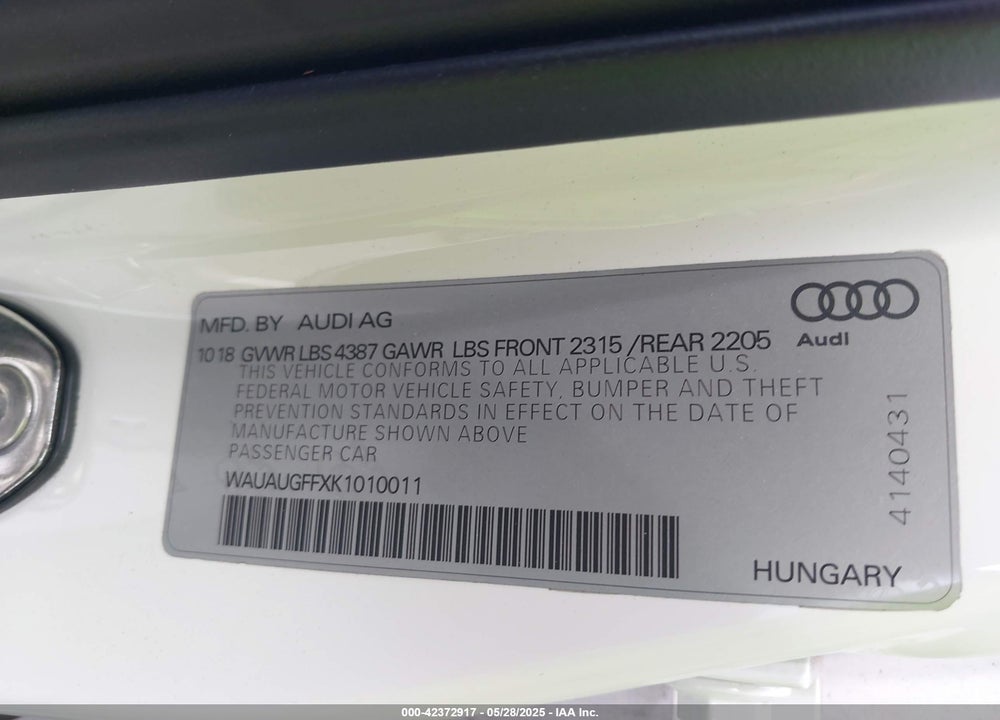 2019 AUDI A3 VIN: WAUAUGFFXK1010011