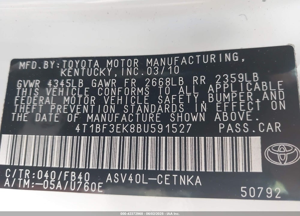2011 TOYOTA CAMRY LE VIN: 4T1BF3EK8BU591527