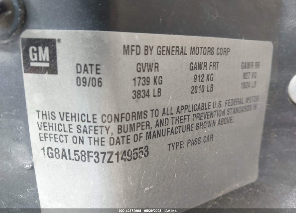 2007 SATURN ION VIN: 1G8AL58F37Z149553