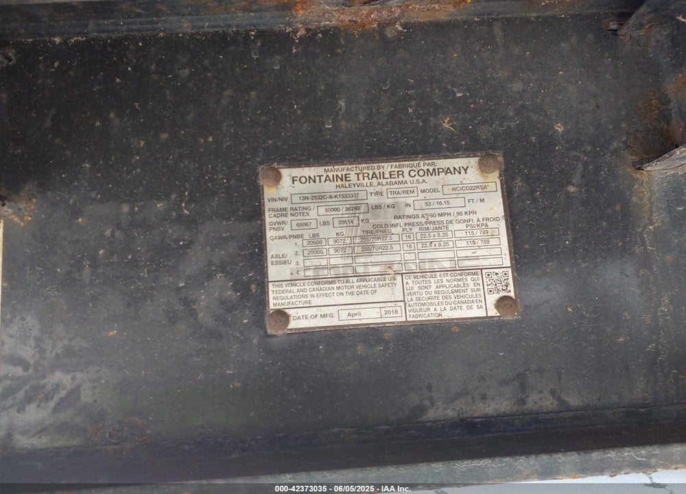 2019 FONTAINE TRAILER CO TRAILER VIN: 13N2532C8K1533337