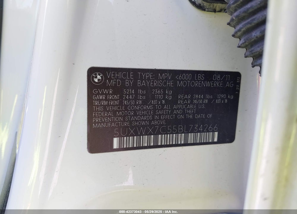 2011 BMW X3 VIN: 5UXWX7C55BL734266