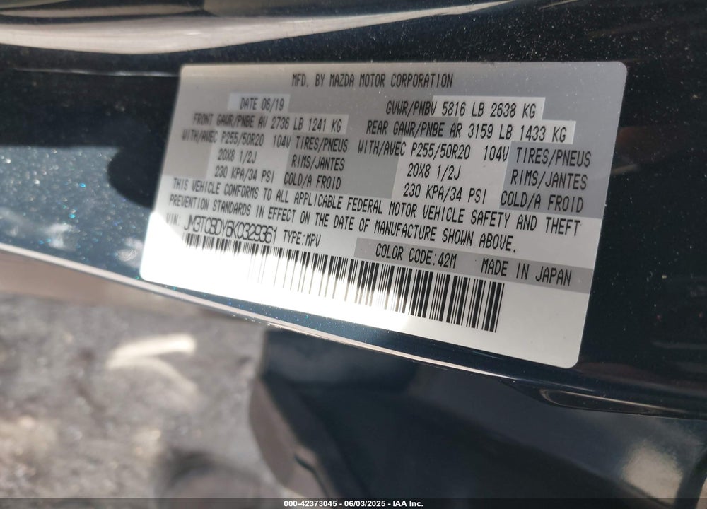 2019 MAZDA CX-9 VIN: JM3TCBDY6K0329361