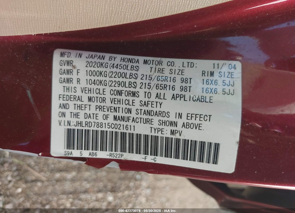 2005 HONDA CR-V EX VIN: JHLRD78815C021611