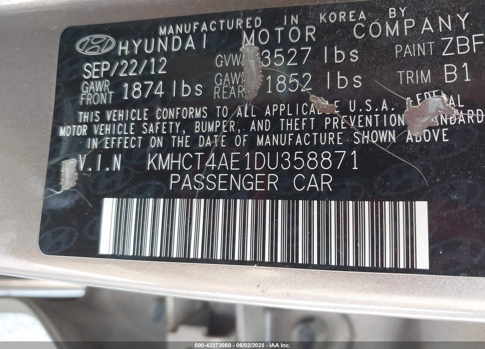 2013 HYUNDAI ACCENT GLS VIN: KMHCT4AE1DU358871