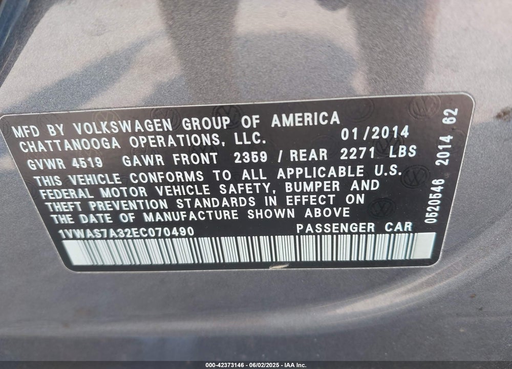2014 VOLKSWAGEN PASSAT VIN: 1VWAS7A32EC070490