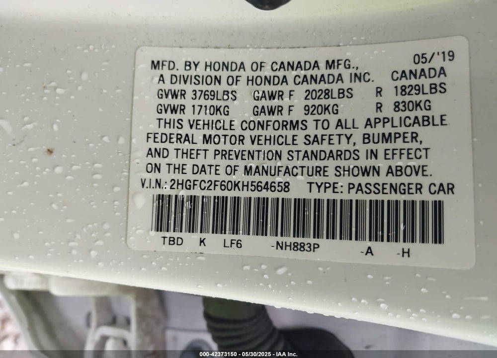 2019 HONDA CIVIC VIN: 2HGFC2F60KH564658