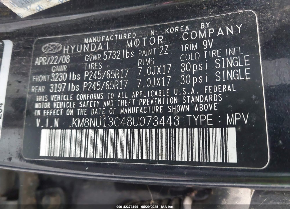 2008 HYUNDAI VERACRUZ VIN: KM8NU13C48U073443