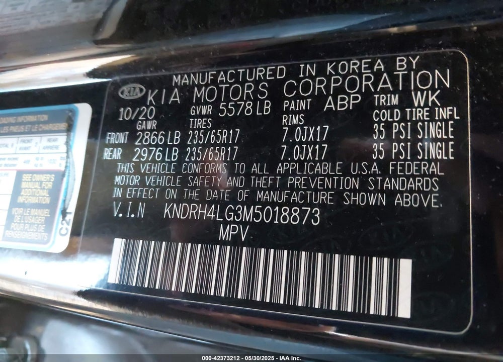 2021 KIA SORENTO VIN: KNDRH4LG3M5018873