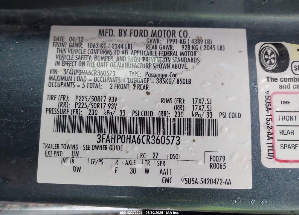 2012 FORD FUSION VIN: 3FAHP0HA6CR360573