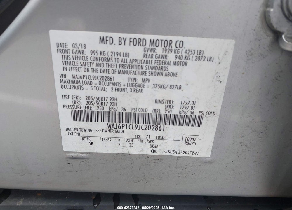 2018 FORD ECOSPORT VIN: MAJ6P1CL9JC202861