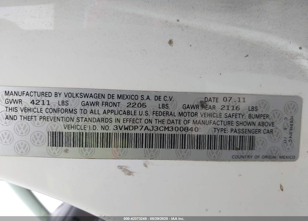 2012 VOLKSWAGEN JETTA 2.5L SE VIN: 3VWDP7AJ3CM300840