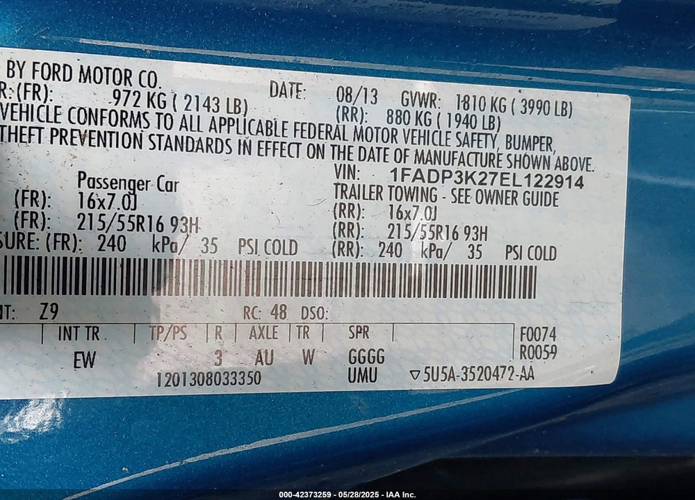 2014 FORD FOCUS VIN: 1FADP3K27EL122914