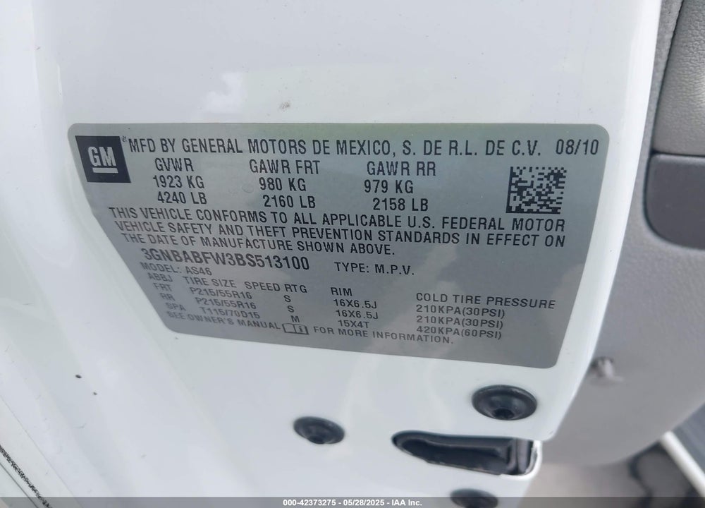 2011 CHEVROLET HHR LT VIN: 3GNBABFW3BS513100