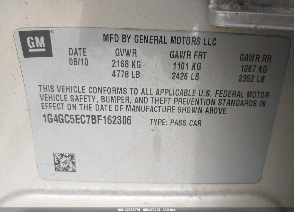 2011 BUICK LACROSSE CXL VIN: 1G4GC5EC7BF162306
