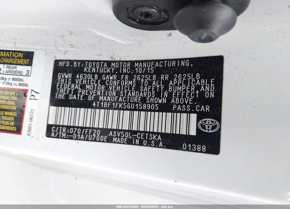 2016 TOYOTA CAMRY VIN: 4T1BF1FK5GU158905