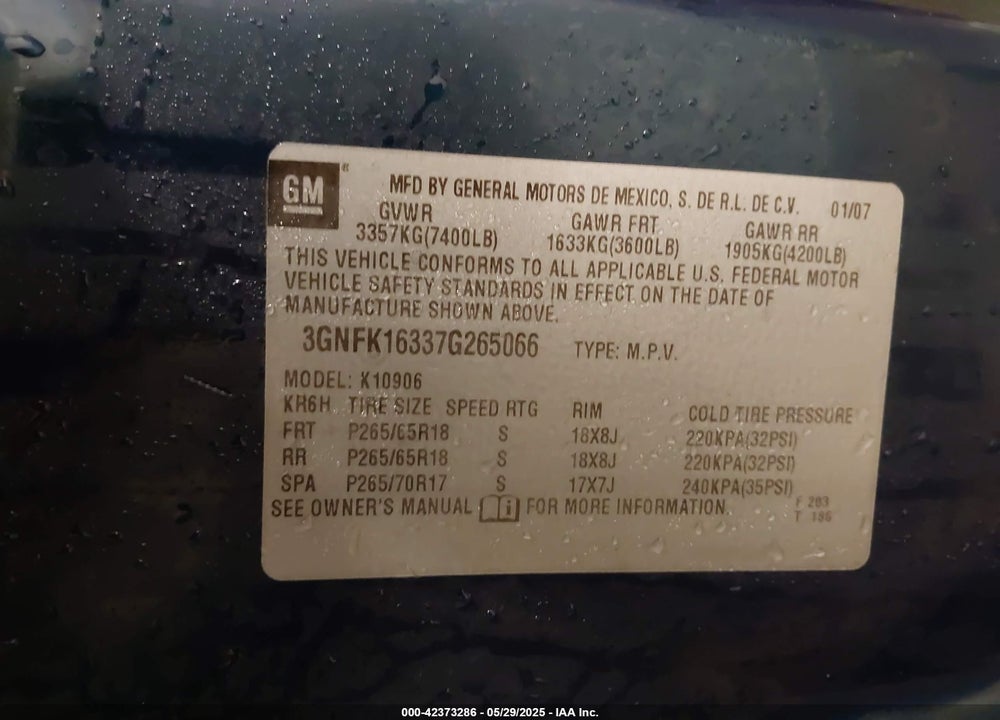 2007 CHEVROLET SUBURBAN VIN: 3GNFK16337G265066