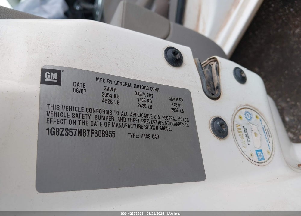 2007 SATURN AURA XE VIN: 1G8ZS57N87F308955