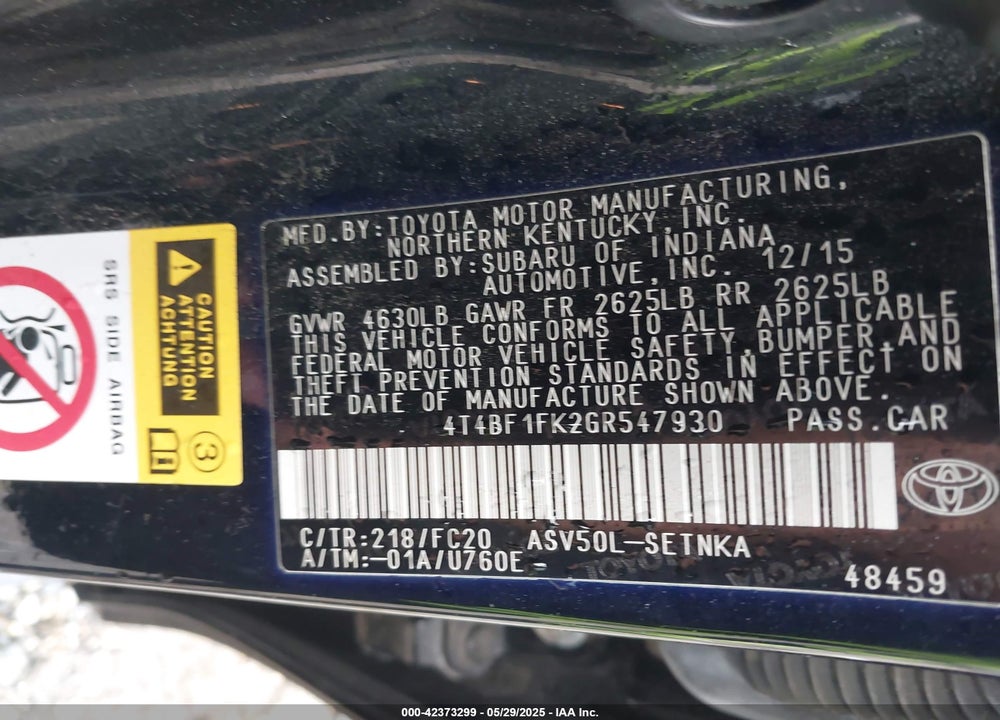 2016 TOYOTA CAMRY VIN: 4T4BF1FK2GR547930