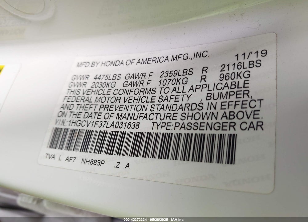 2020 HONDA ACCORD VIN: 1HGCV1F37LA031638