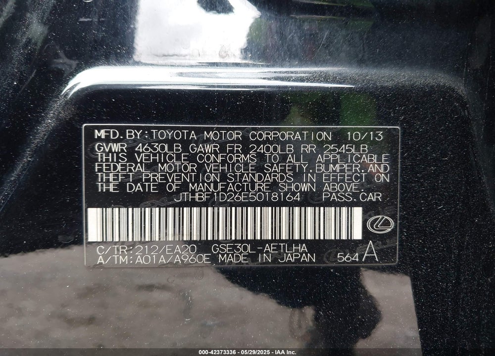 2014 LEXUS IS250 VIN: JTHBF1D26E5018164