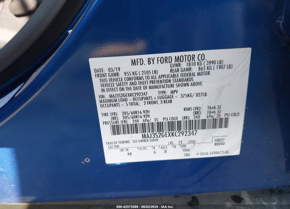 2019 FORD ECOSPORT SE VIN: MAJ3S2GEXKC292347