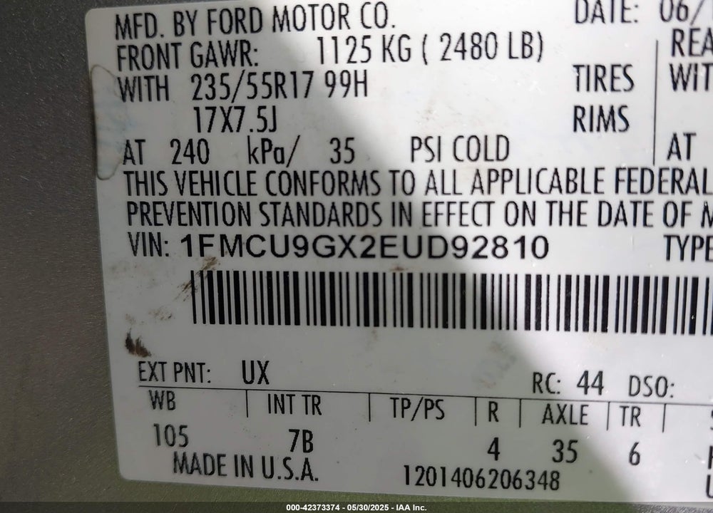 2014 FORD ESCAPE VIN: 1FMCU9GX2EUD92810