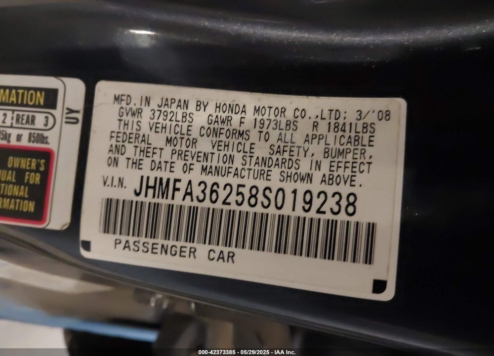 2008 HONDA CIVIC VIN: JHMFA36258S019238