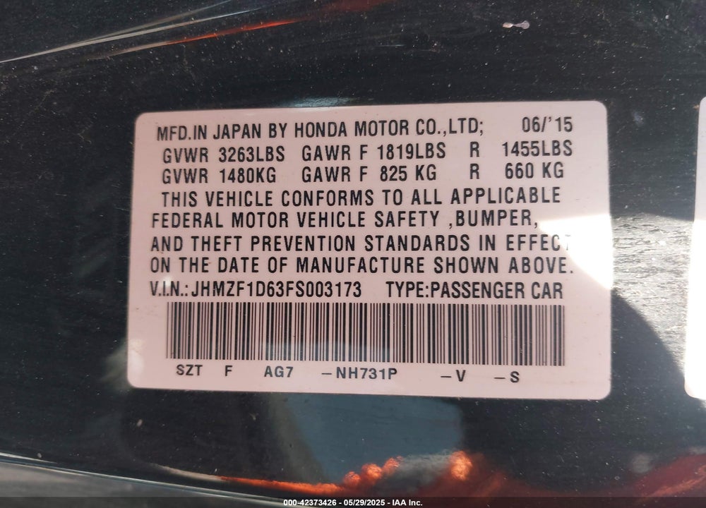 2015 HONDA CR-Z EX VIN: JHMZF1D63FS003173