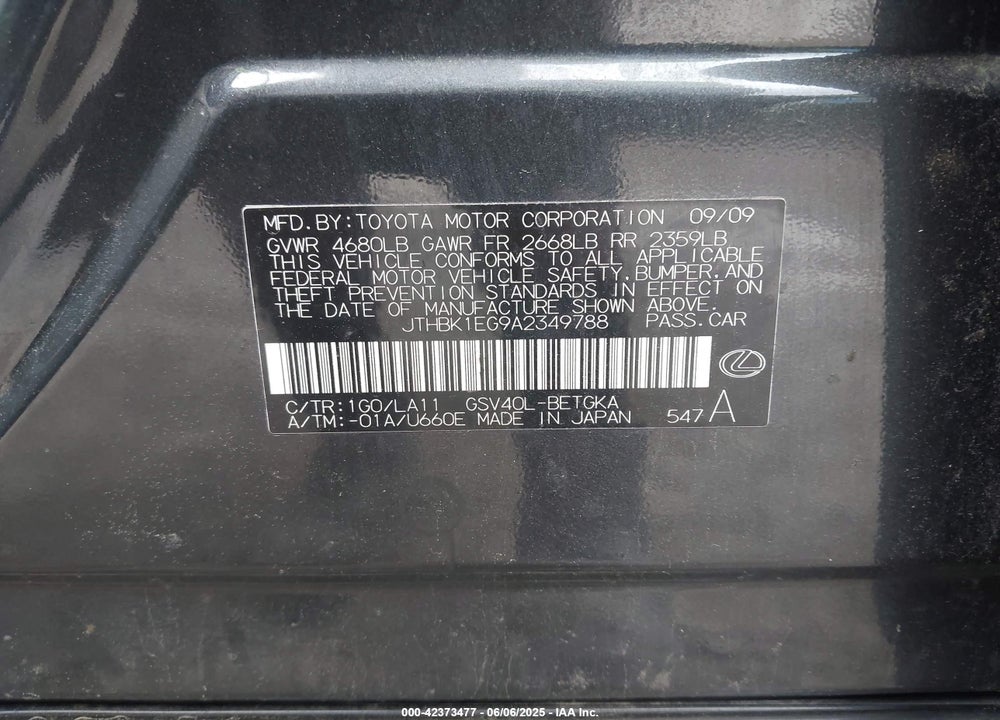 2010 LEXUS ES 350 VIN: JTHBK1EG9A2349788