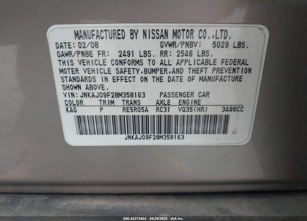 2008 INFINITI EX35 VIN: JNKAJ09F28M358163