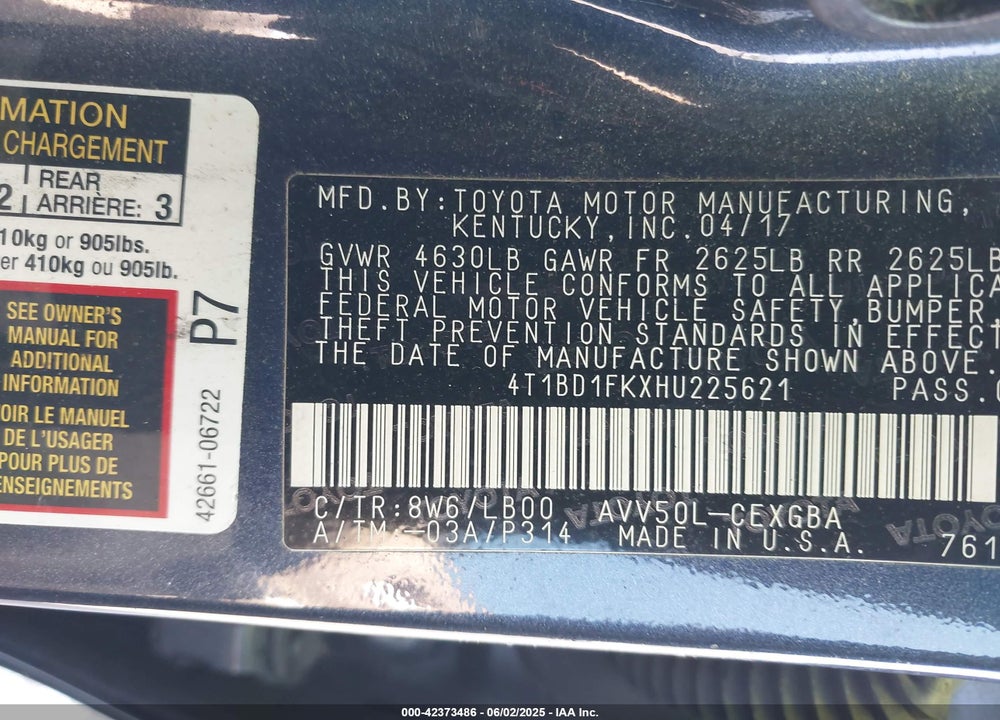 2017 TOYOTA CAMRY HYBRID XLE VIN: 4T1BD1FKXHU225621