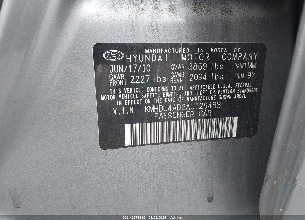 2010 HYUNDAI ELANTRA VIN: KMHDU4AD2AU129488