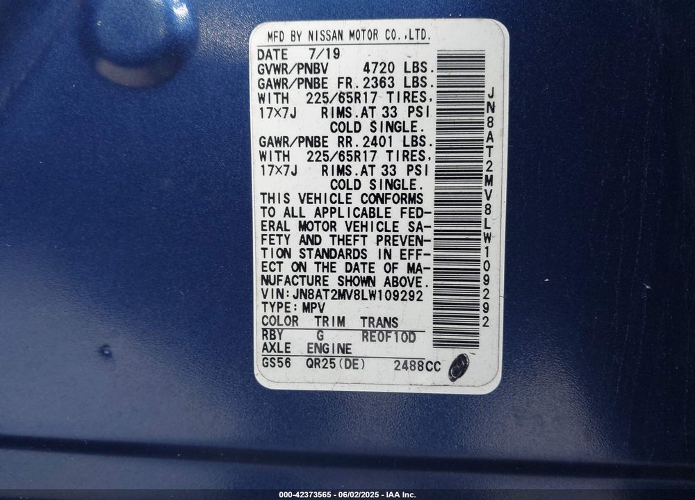 2020 NISSAN ROGUE VIN: JN8AT2MV8LW109292