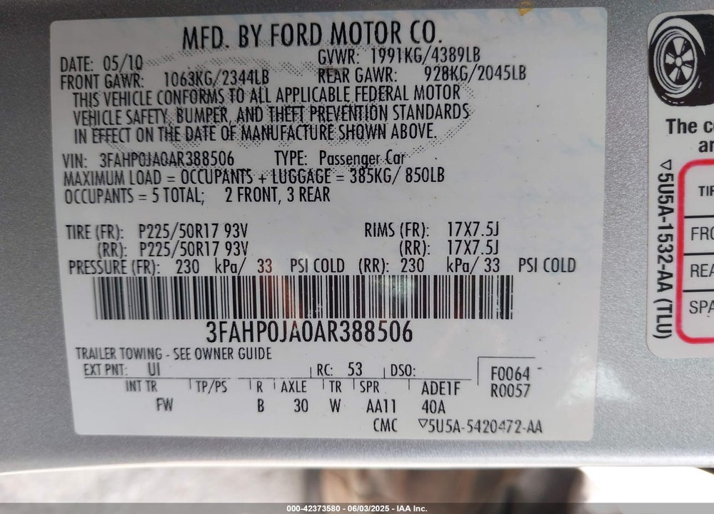 2010 FORD FUSION VIN: 3FAHP0JA0AR388506